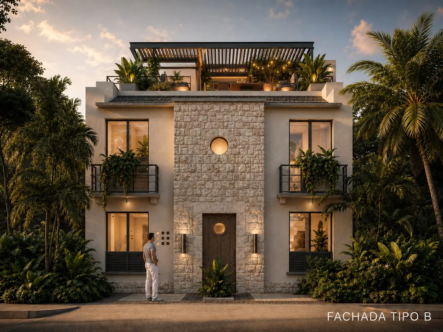 Fachada de las residencias de Costa Faro al atardecer